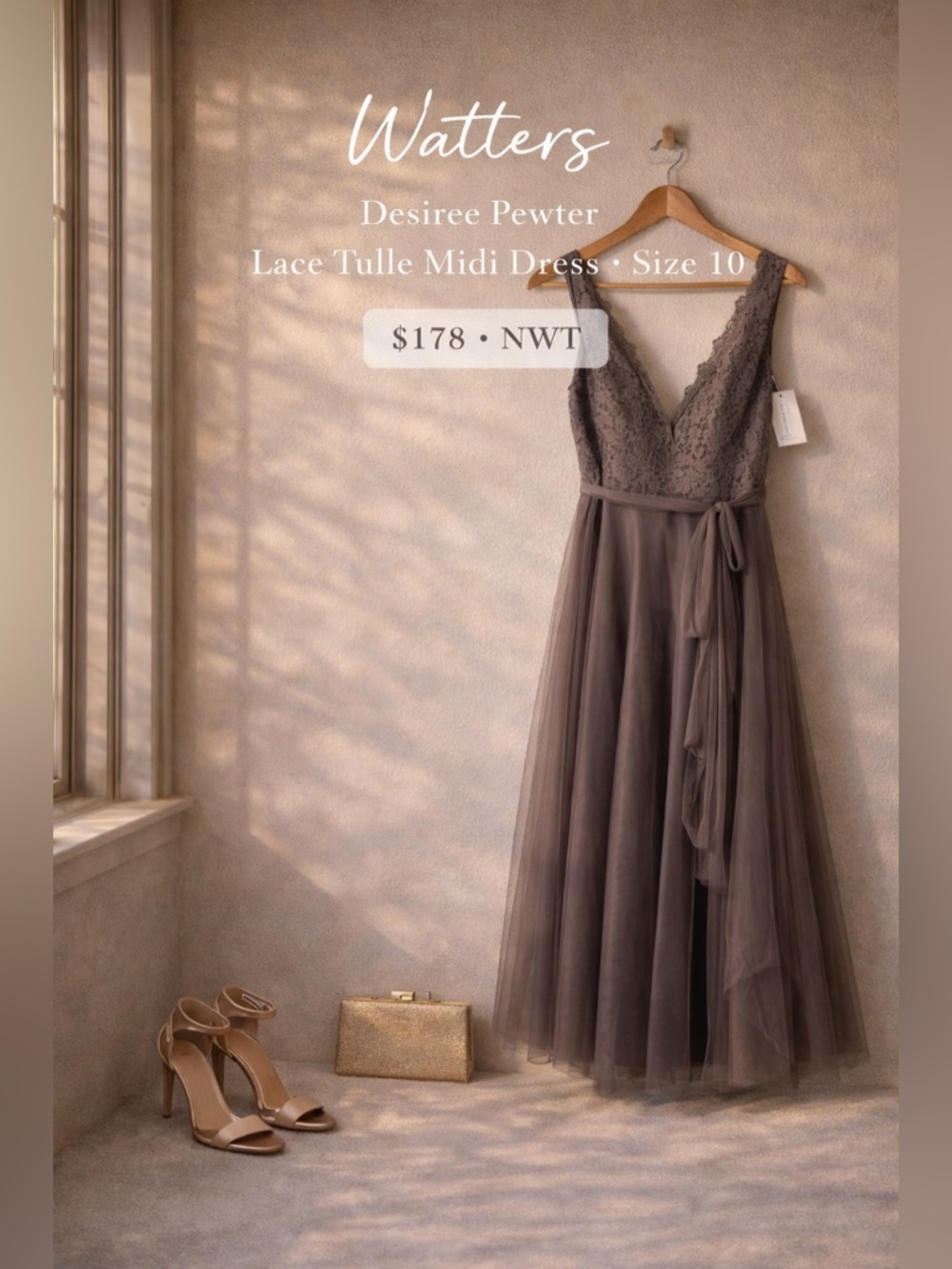 Watters Desiree 2600 Pewter Lace Tulle Midi Dress Size 10 Nwt